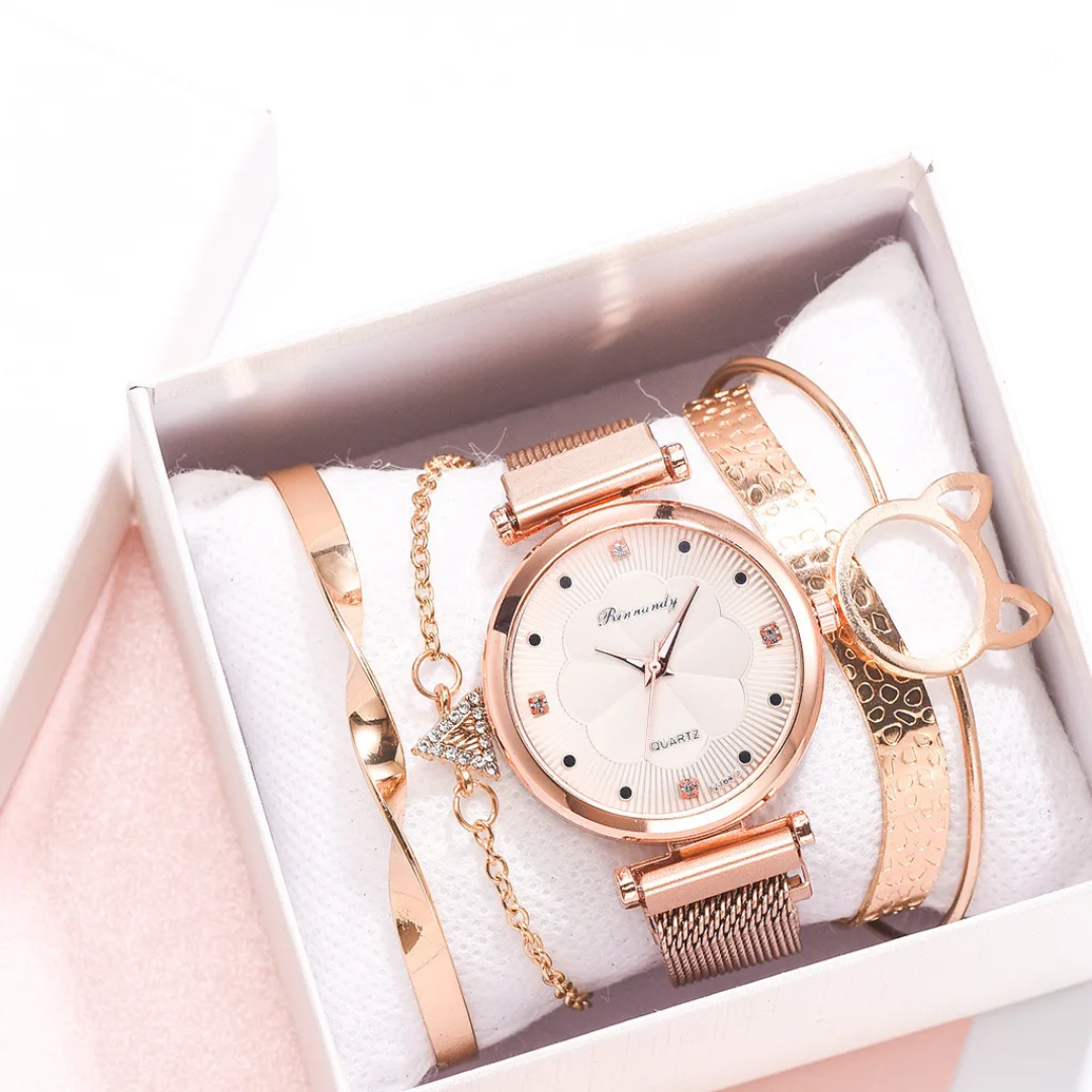 Set de reloj de lujo 5 piezas pulsera de cristal para damas - Imagen 4