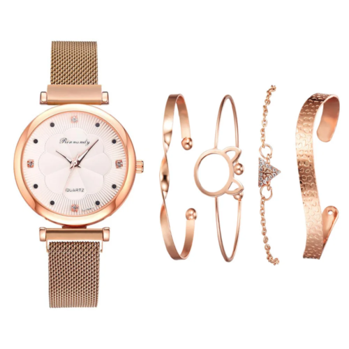 Set de reloj de lujo 5 piezas pulsera de cristal  para damas