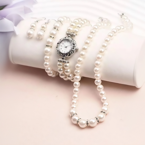 Set Reloj de lujo pulsera,collar, pendientes  con perlas para mujeres