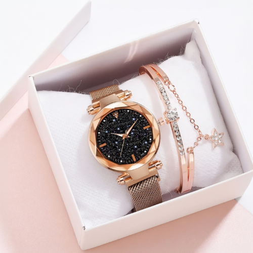 Conjunto reloj de lujo con cielo estrellado para mujer