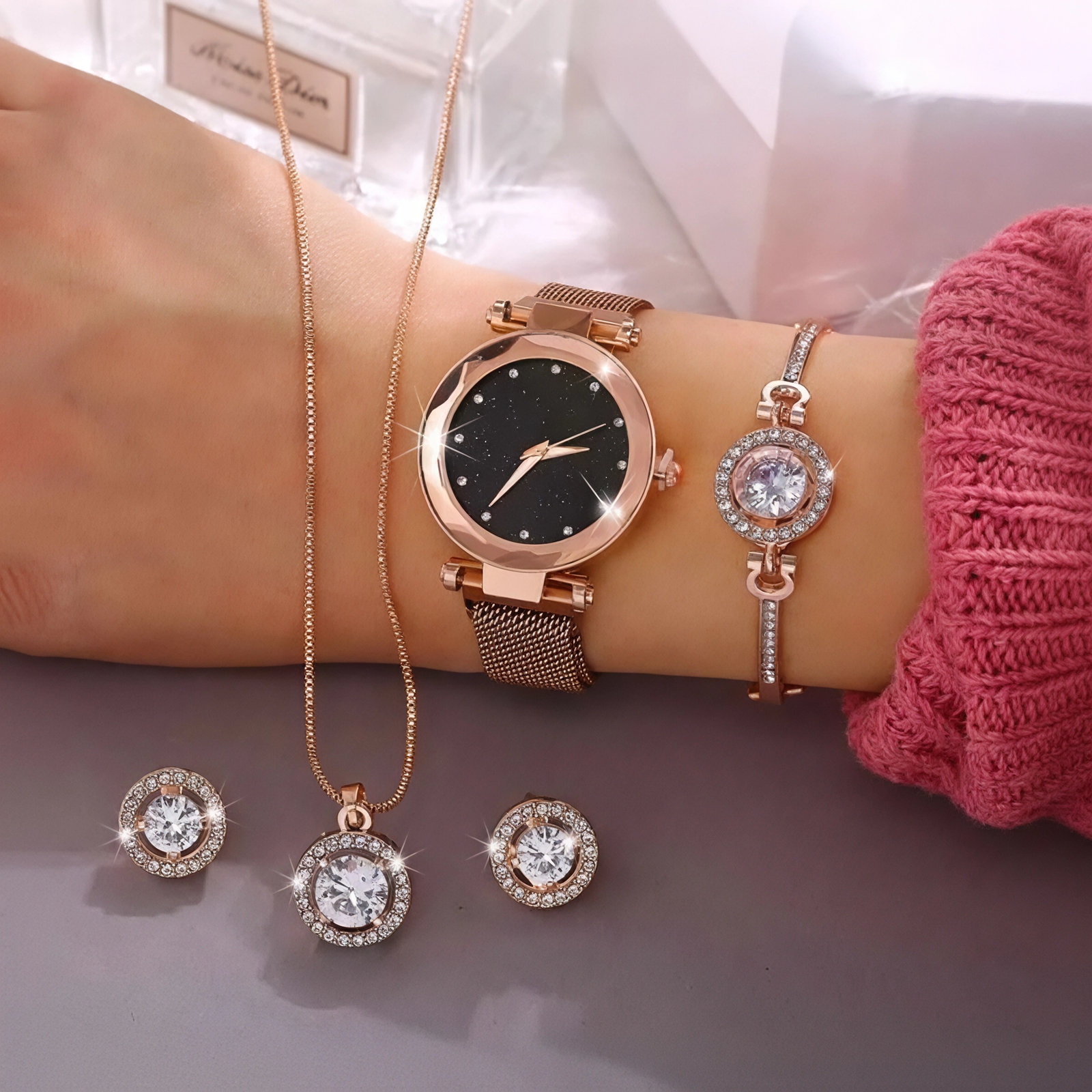 Set de reloj + pulsera+ cadena y pendientes para damas - Imagen 6