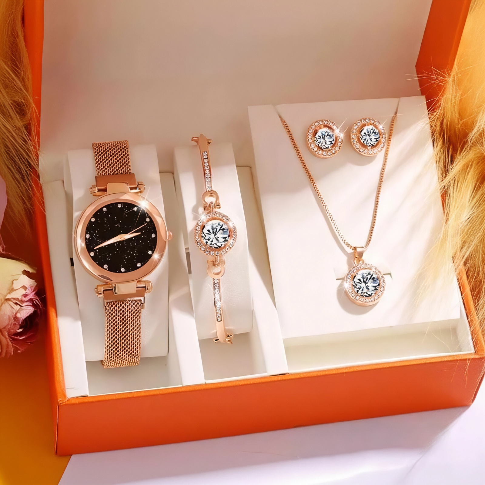 Set de reloj + pulsera+ cadena y pendientes para damas