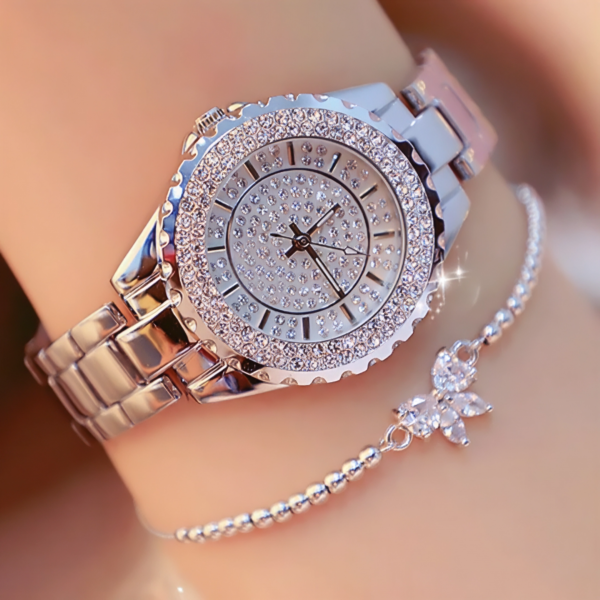 Reloj de mujeres de plata de aleación de acero + pulsera
