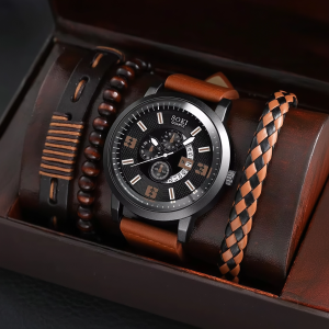 Set reloj para hombre, cuerda tejida, pulsera negra multicapa