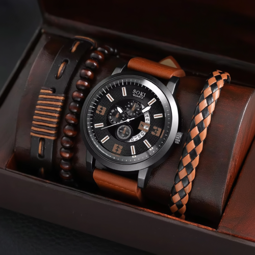 Set reloj para hombre, cuerda tejida, pulsera negra multicapa