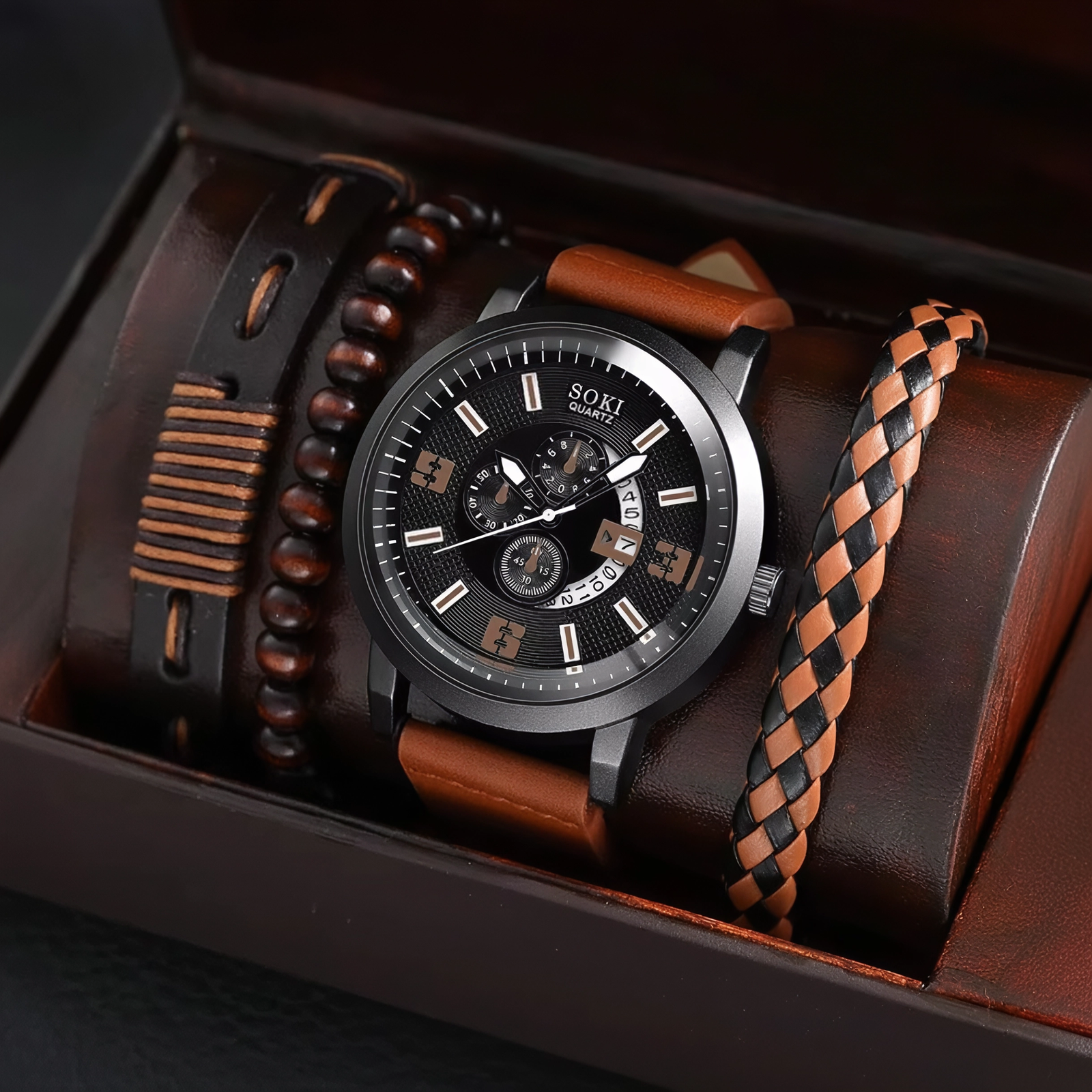 Set reloj para hombre, cuerda tejida, pulsera negra multicapa