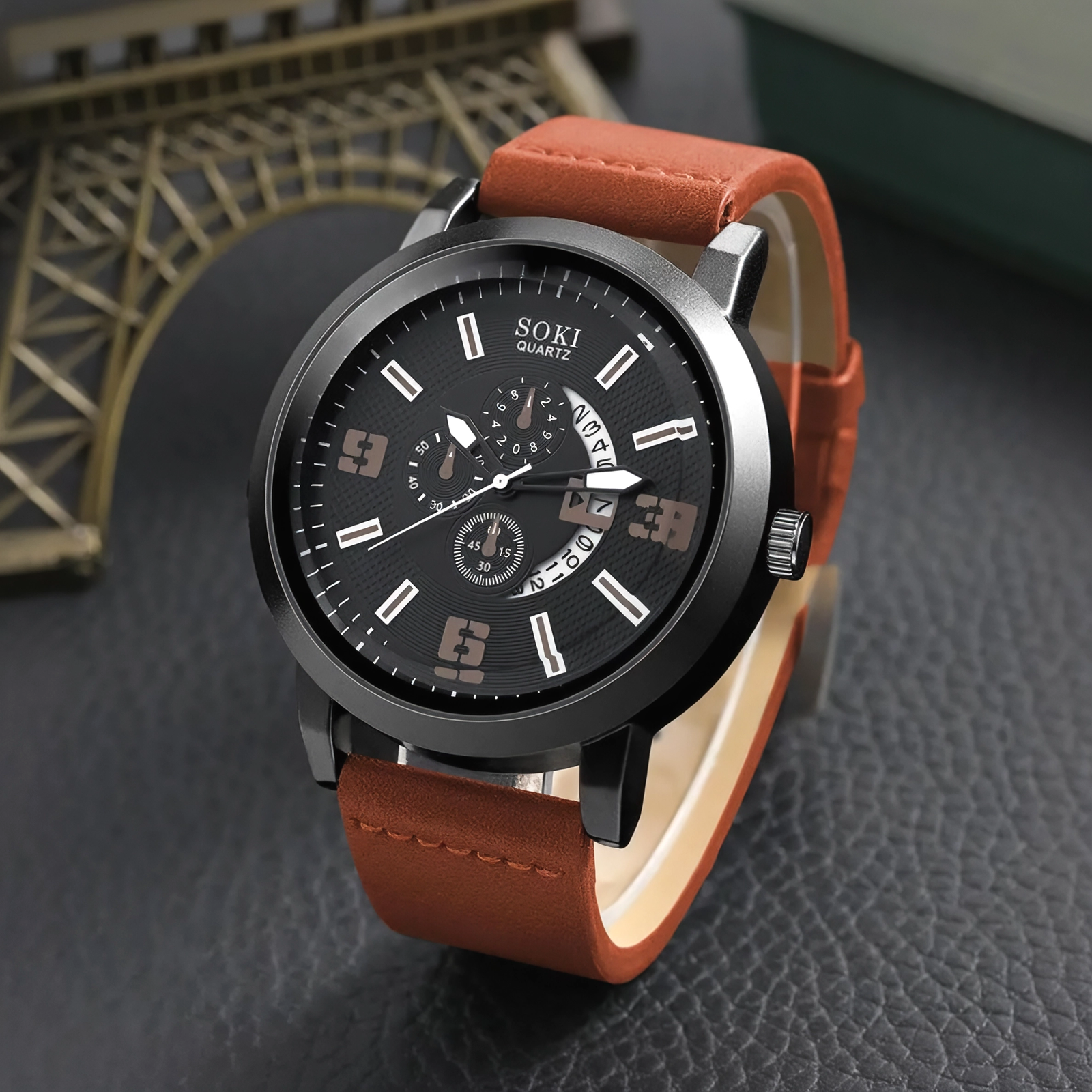 Set reloj para hombre, cuerda tejida, pulsera negra multicapa - Imagen 2