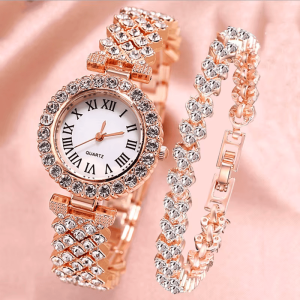 Set reloj romano de cristal conjunto diamante + pulsera para mujeres