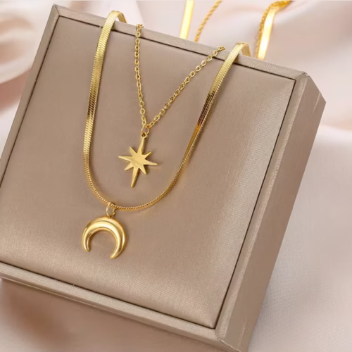 Collar de luna con hexagrama de doble capa para mujer | Cadena