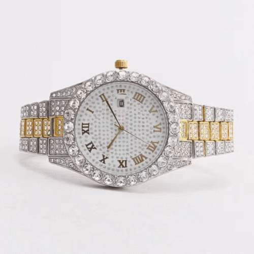 Reloj analógico de lujo tachonado con diamantes