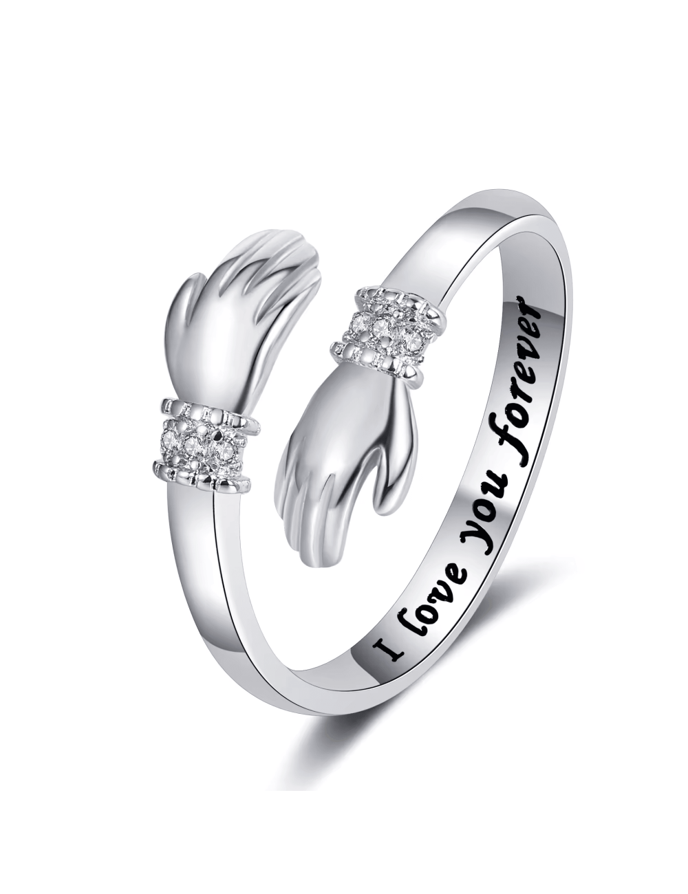 Amor abrazo anillo de diamante de dos manos grabado anillos de dedo ajustables - Imagen 2