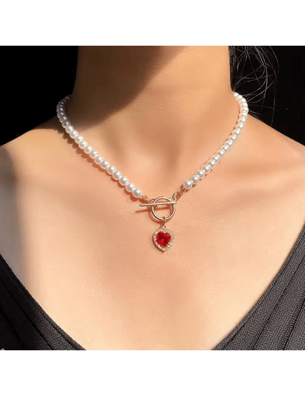 Collar retro de cristal rojo corazón colgante - Imagen 2