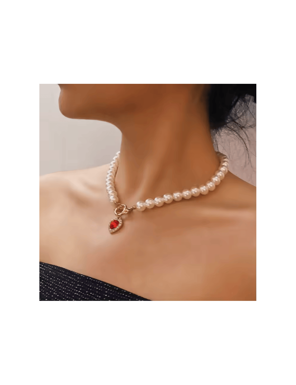 Collar retro de cristal rojo corazón colgante - Imagen 3