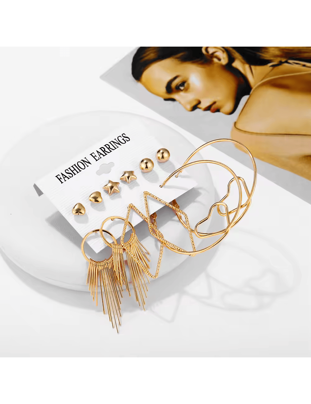 Conjunto de pendiente en forma de corazón de gran círculo de oro 6 pares pendiente conjunto - Imagen 3