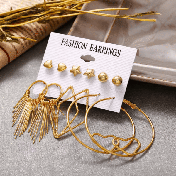 Conjunto de pendiente en forma de corazón de gran círculo de oro 6 pares pendiente conjunto