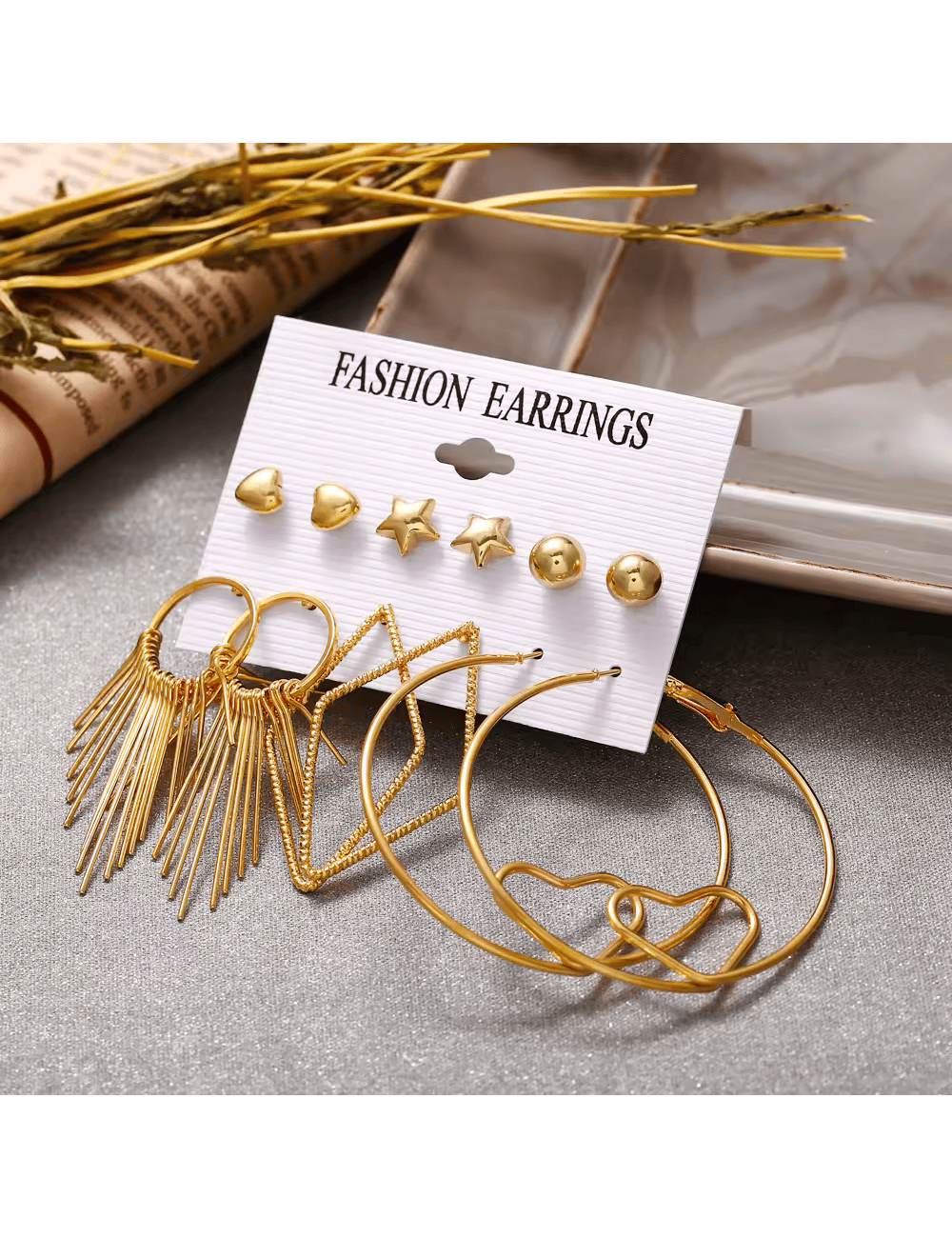 Conjunto de pendiente en forma de corazón de gran círculo de oro 6 pares pendiente conjunto