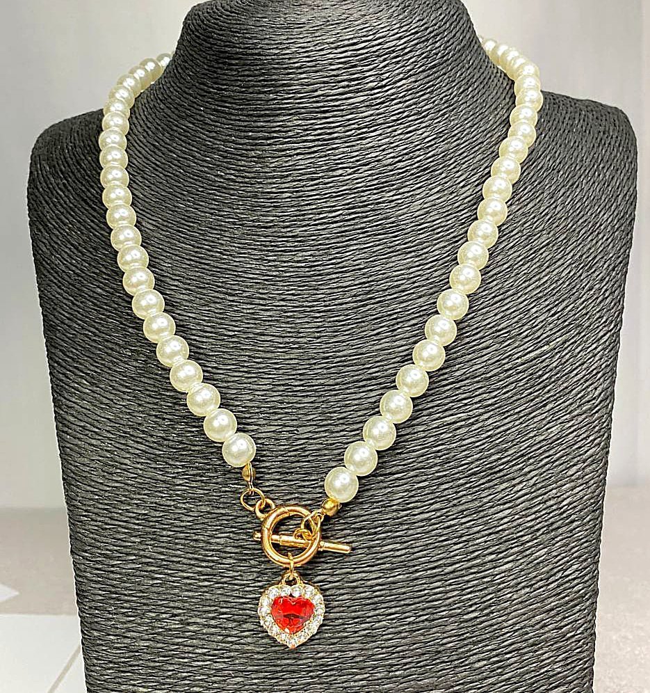 Collar retro de cristal rojo corazón colgante - Imagen 7