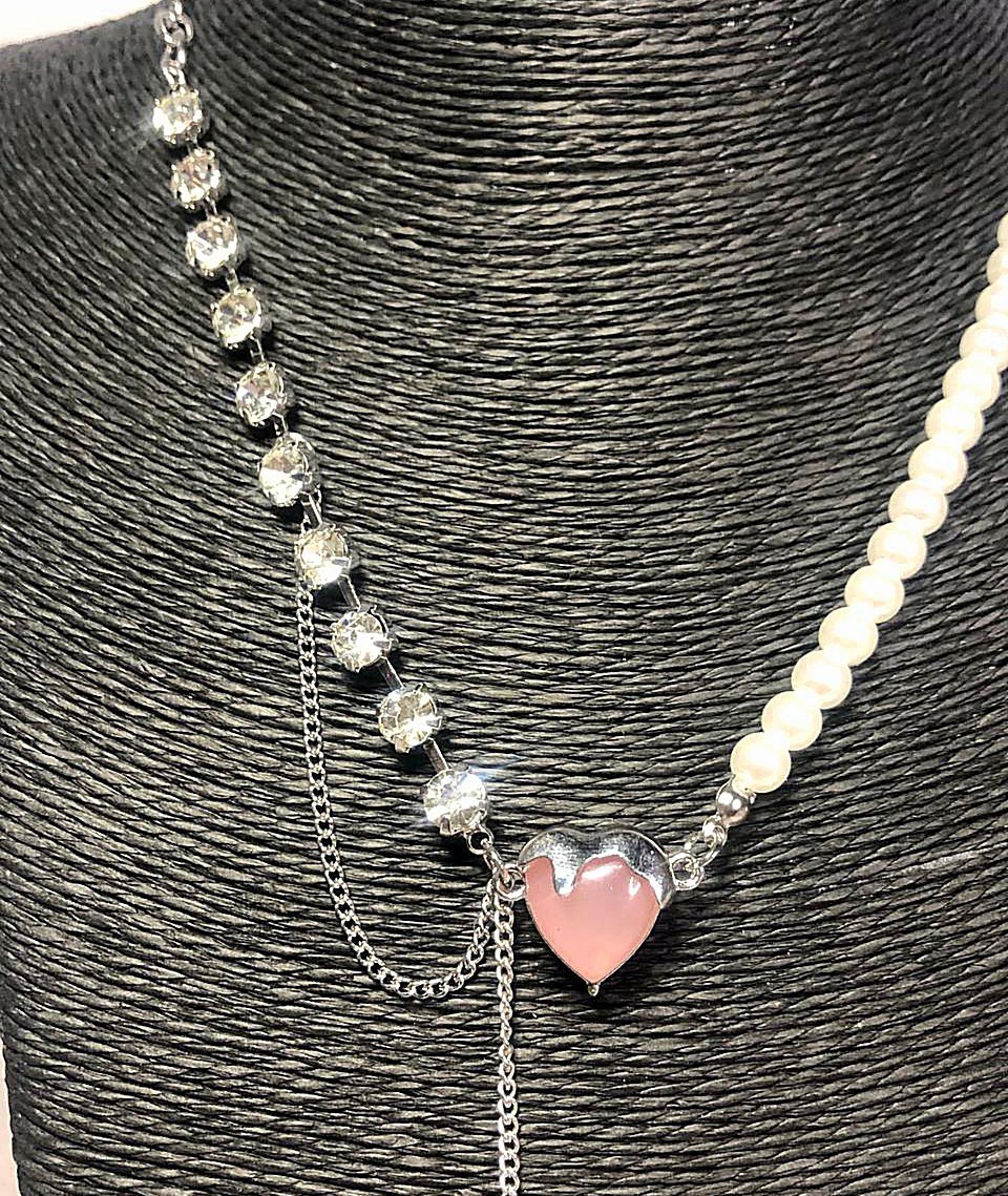 Collar , perlas , colgante corazón rosa de cristal - Imagen 6