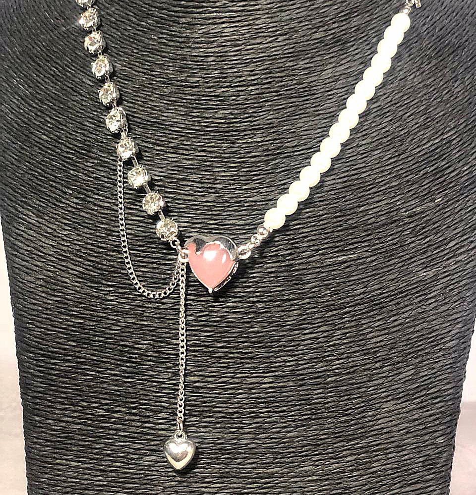 Collar , perlas , colgante corazón rosa de cristal - Imagen 4