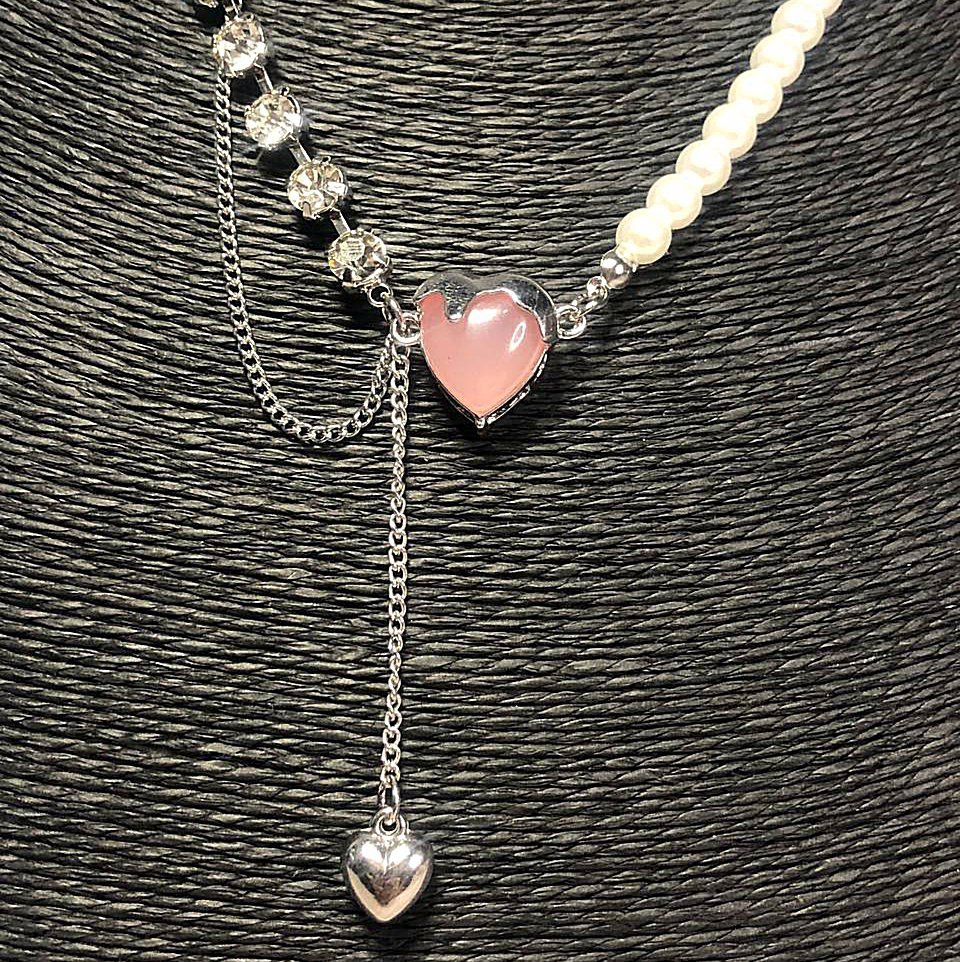Collar , perlas , colgante corazón rosa de cristal - Imagen 2
