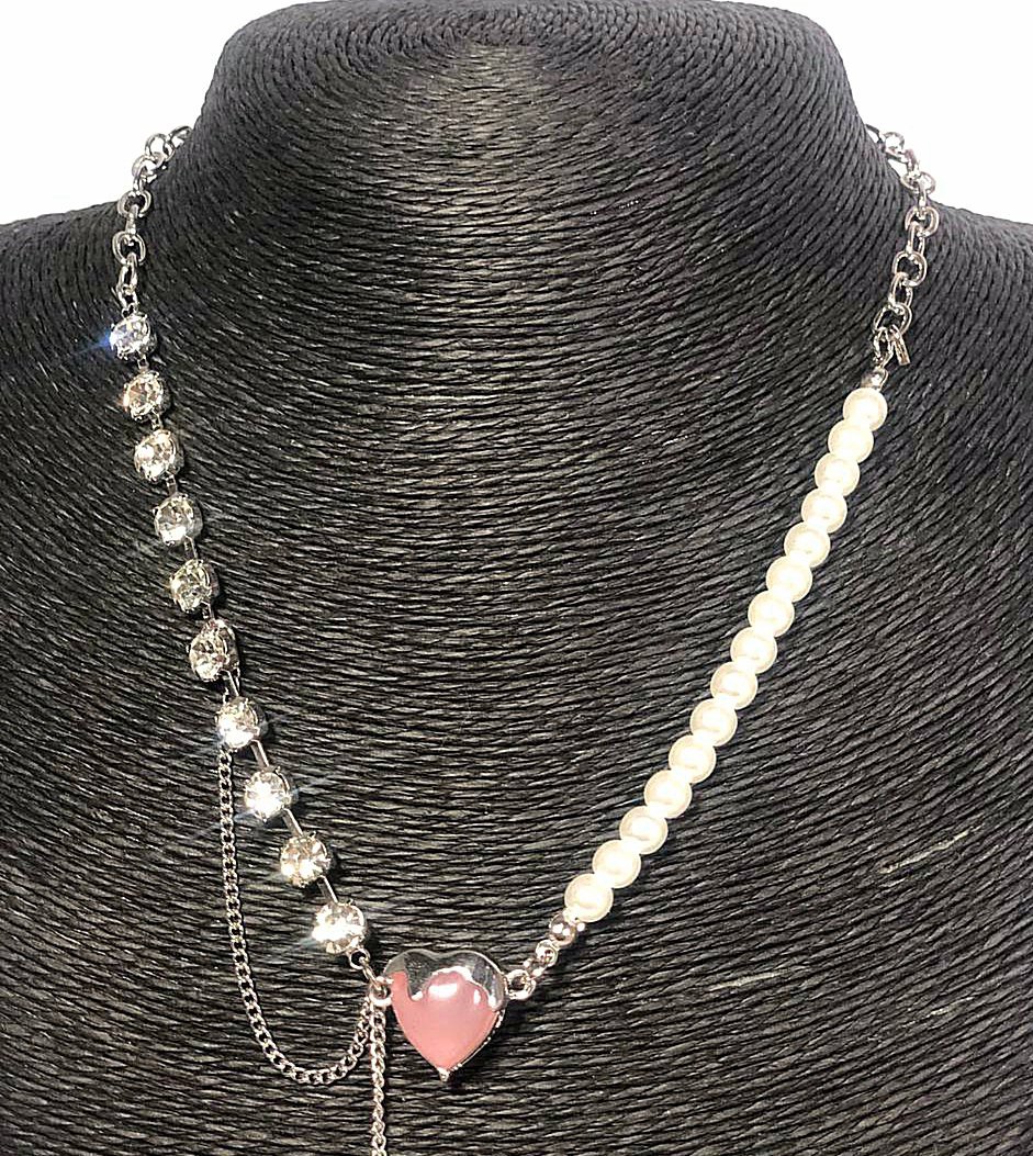 Collar , perlas , colgante corazón rosa de cristal - Imagen 5