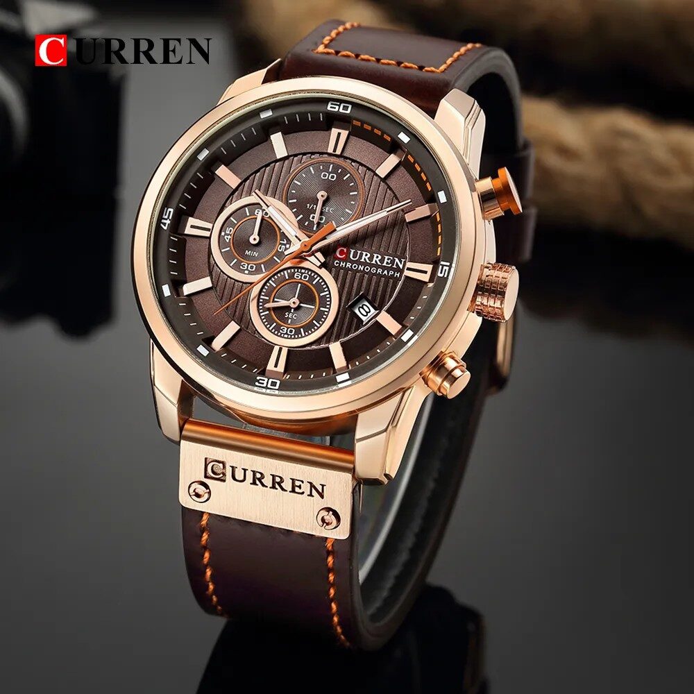 MYSTOREC tienda online 47 reloj cronografo cuero hombre — esfera negra con detalles dorados y correa de cuero Ecuador MYSTOREC