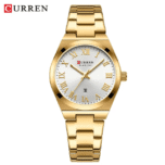 reloj mujer acero inoxidable elegante — esfera blanca con números romanos y correa metálica Ecuador MYSTOREC