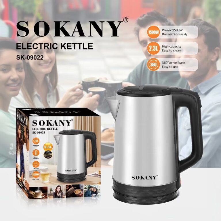 hervidor eléctrico Sokany 2.3L 1500W — acero inoxidable con indicador LED y base giratoria Ecuador MYSTOREC