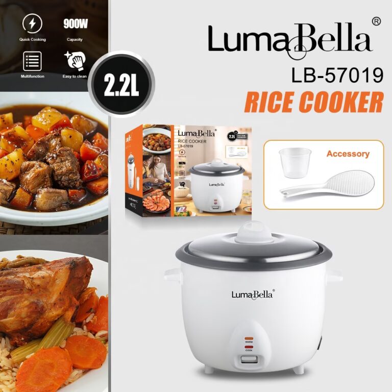 Olla arrocera multifuncional LumaBella 900W con vaporera de acero inoxidable en cocina ecuatoriana
