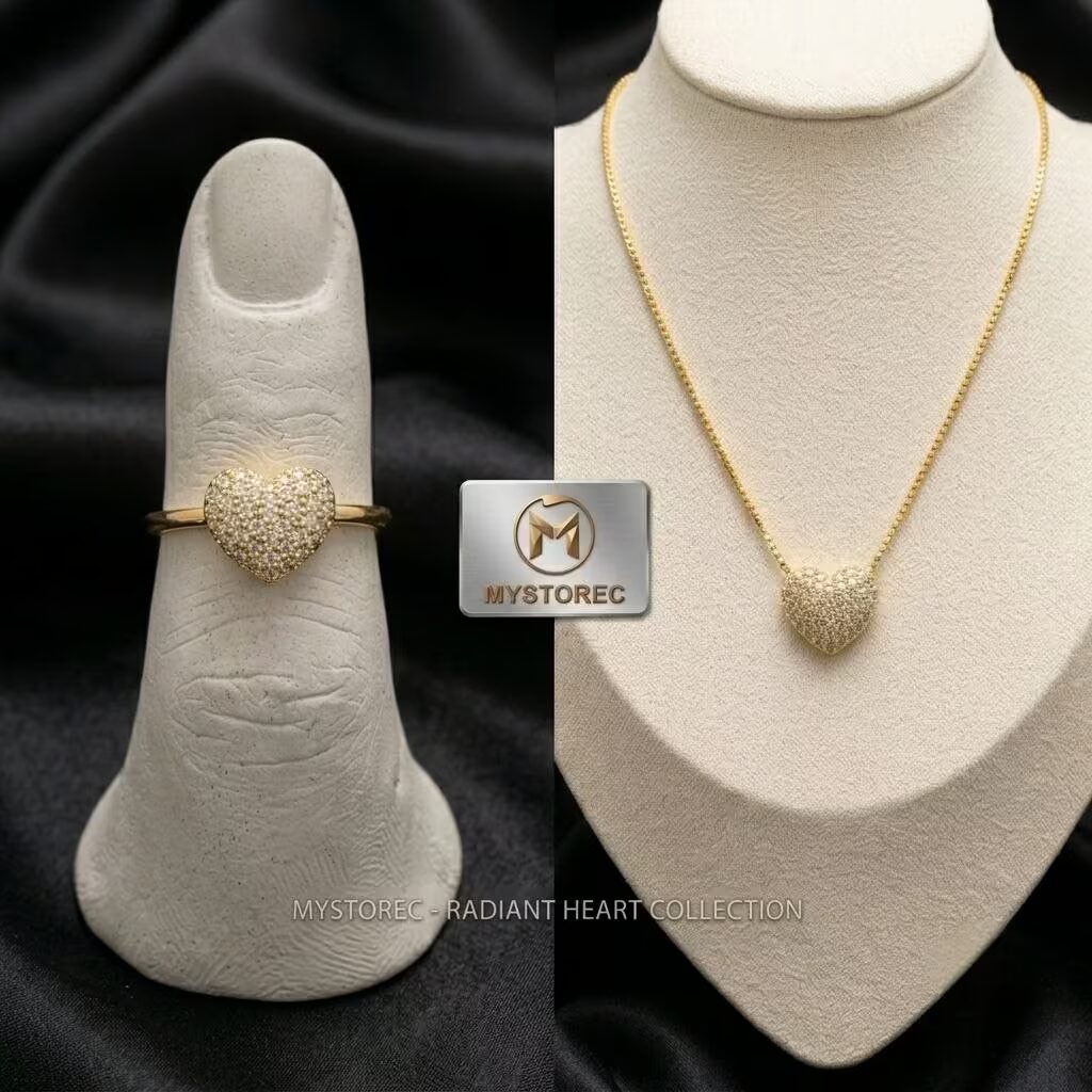 conjunto collar y anillo corazón acero titanio Ecuador — set baño de oro con circonitas AAA MYSTOREC
